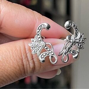 ART NOUVEAU | Antique | Sterling Silver Marcasite Swan Duet Screwback Earrings
